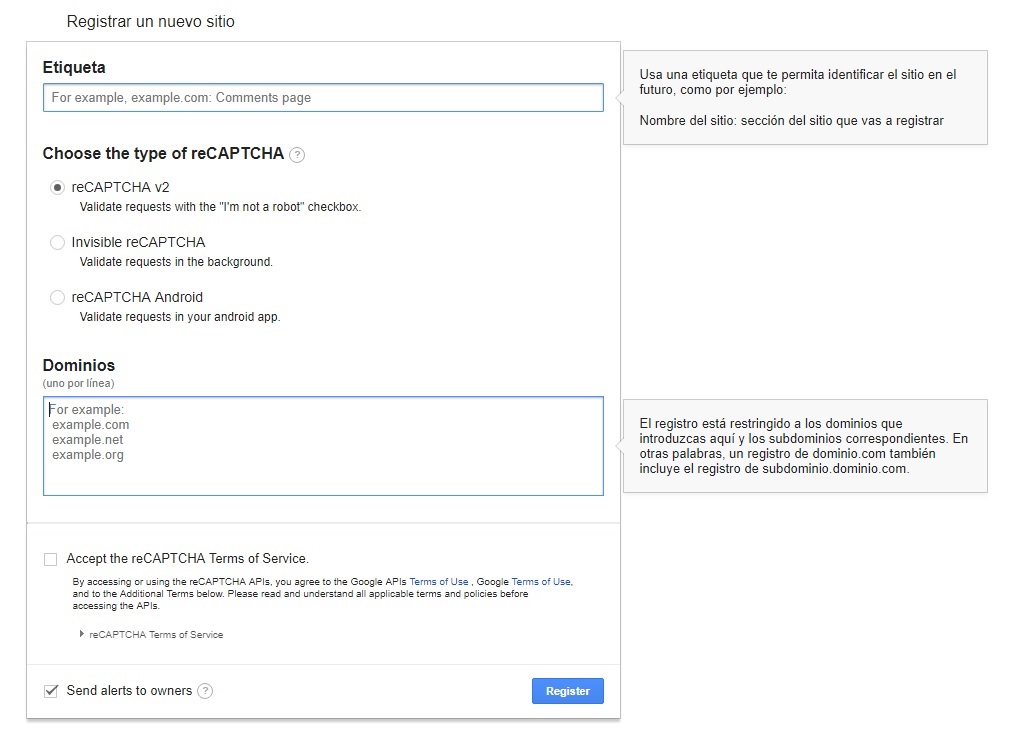 Registrar el servicio reCAPTCHA en Goolge